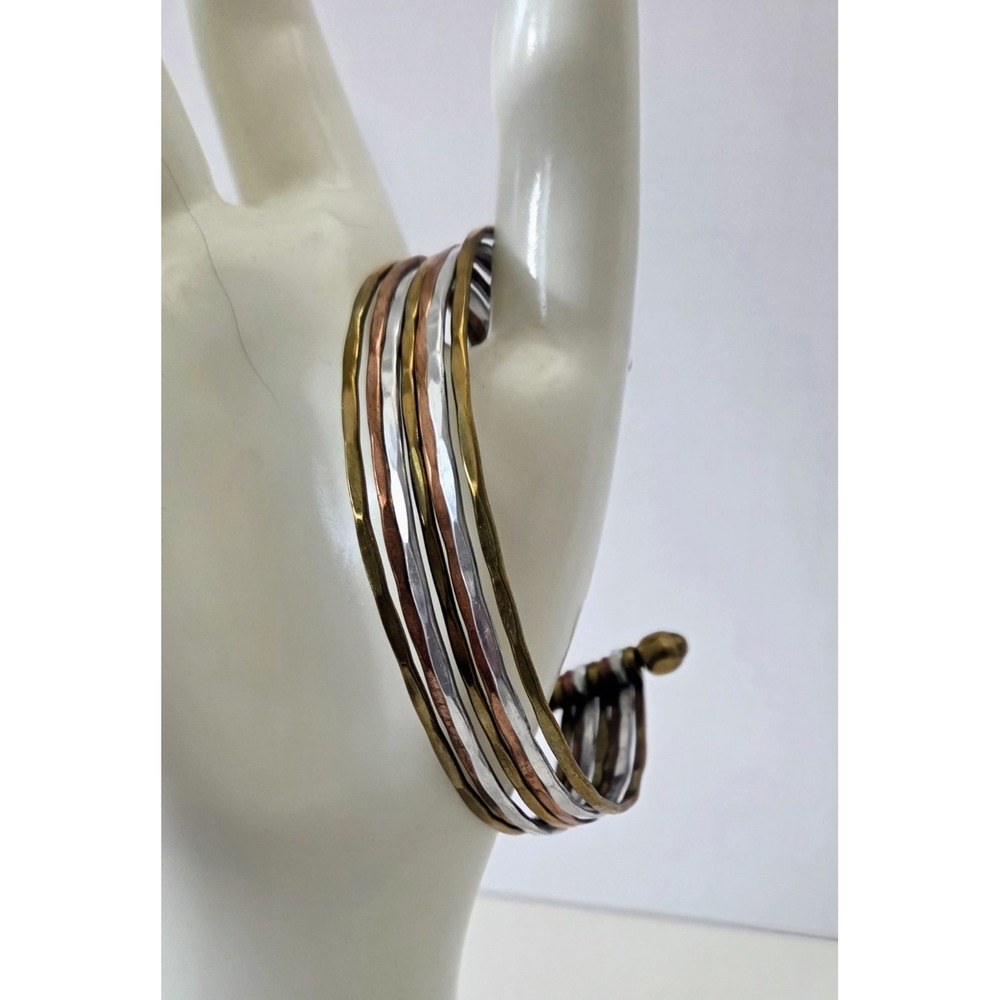 Tri Color 7 Band‎ Hammered Metal Cuff Bracelet Brass Silver Copper Tones Unisex